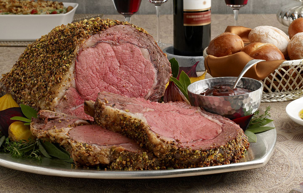 Pistachio-crusted beef rib roast