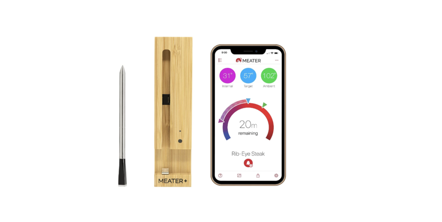 Stock photo of an iPhone with the "Meater" application open, next to the "Meater" thermometer probe on a white background