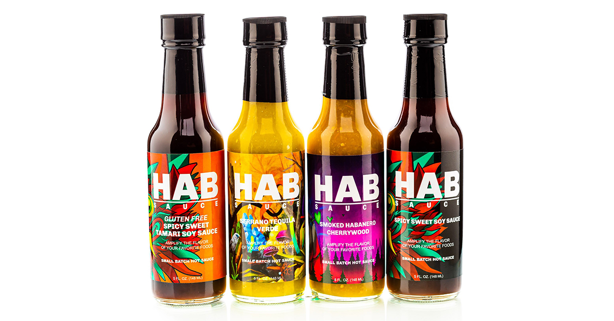 4 HAB Sauce bottles - from left to right: gluten free spicy sweet tamari soy sauce, serrano tequila verde, smoked habanero cherrywood, spicy sweet soy sauce