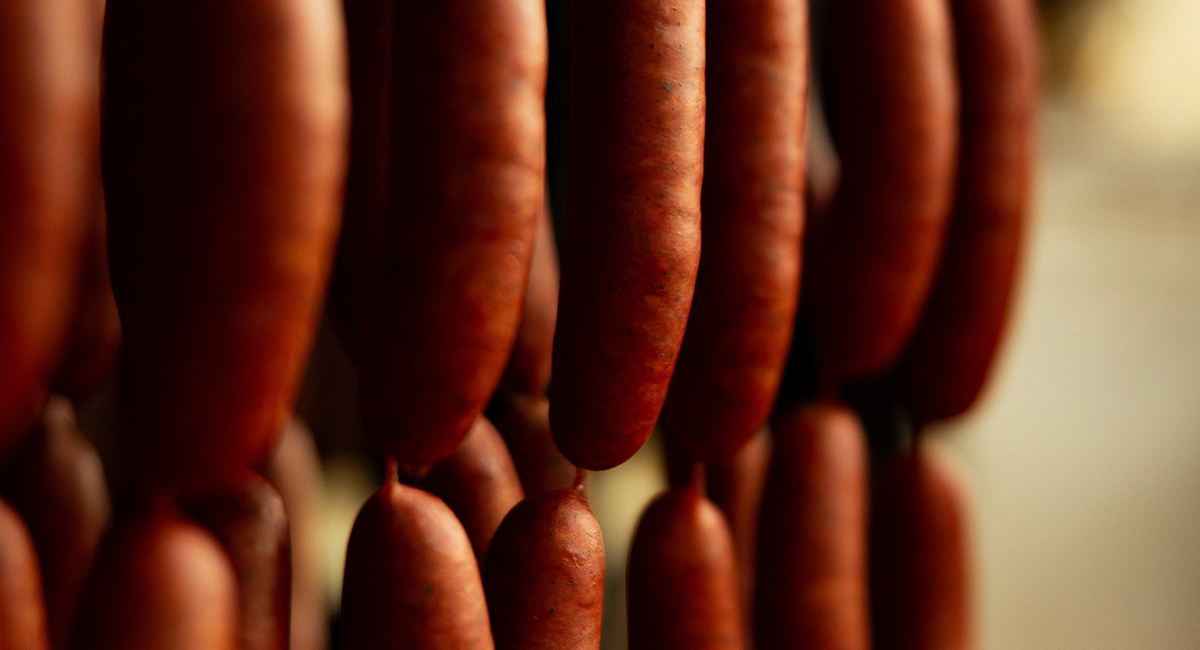a row of smoked bratwursts hanging on a sausage rack