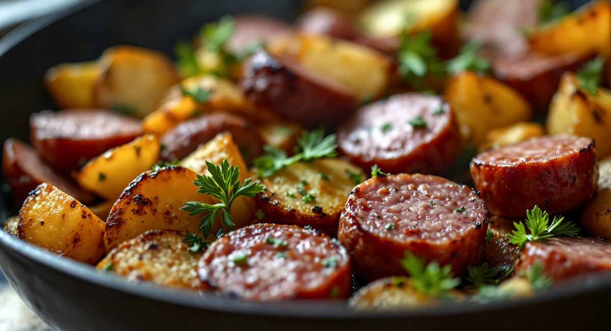 one pot meal featuring potatoes and diced sausages topped with parsley in a cast iron skillet