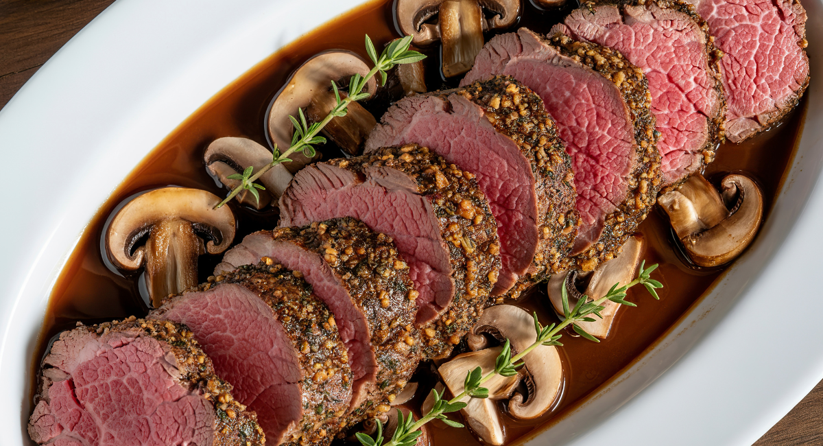 beef tenderloin sliced on a white plate surrounded by mushrooms, rosemary sprigs and a brown sauce